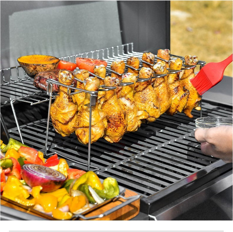 Soporte Plegable para Muslos de Pollo con Bandeja Antigoteo – Acero Inoxidable 304, 14 Ranuras, Ideal para Barbacoa y Horno