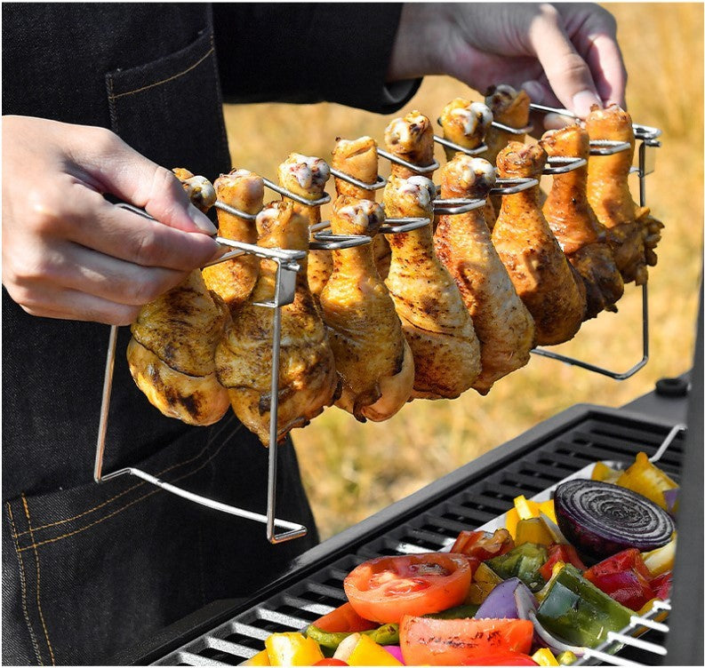 Soporte Plegable para Muslos de Pollo con Bandeja Antigoteo – Acero Inoxidable 304, 14 Ranuras, Ideal para Barbacoa y Horno