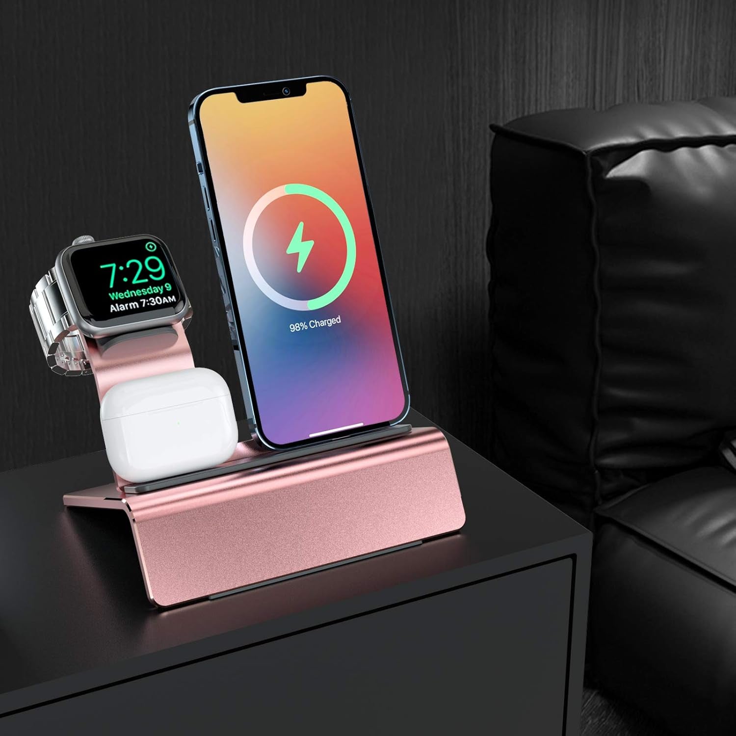 Aluminum Charging Stand for Apple Device 3 in 1 Charger Stand Holder Compatible with Magsafe Charger Iwatch Charger Airpods Pro/2/1 and Iphone Stand Holder(Charger & Cable Required)-Rose Gold